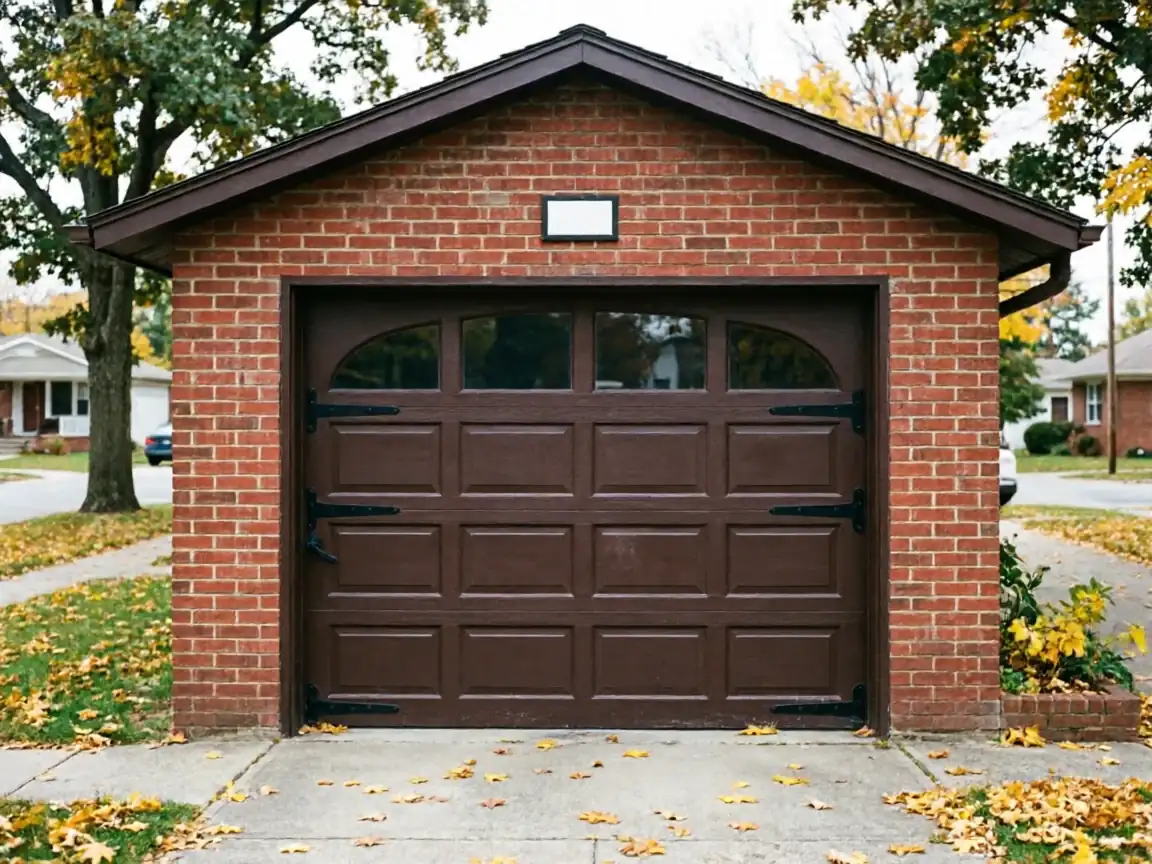 The brown garage door with decorative hinges is set in a red brick garage.