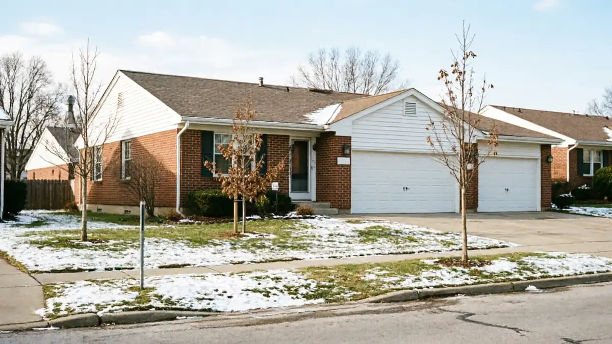 A brick house with two white garage doors and a snowy lawn.