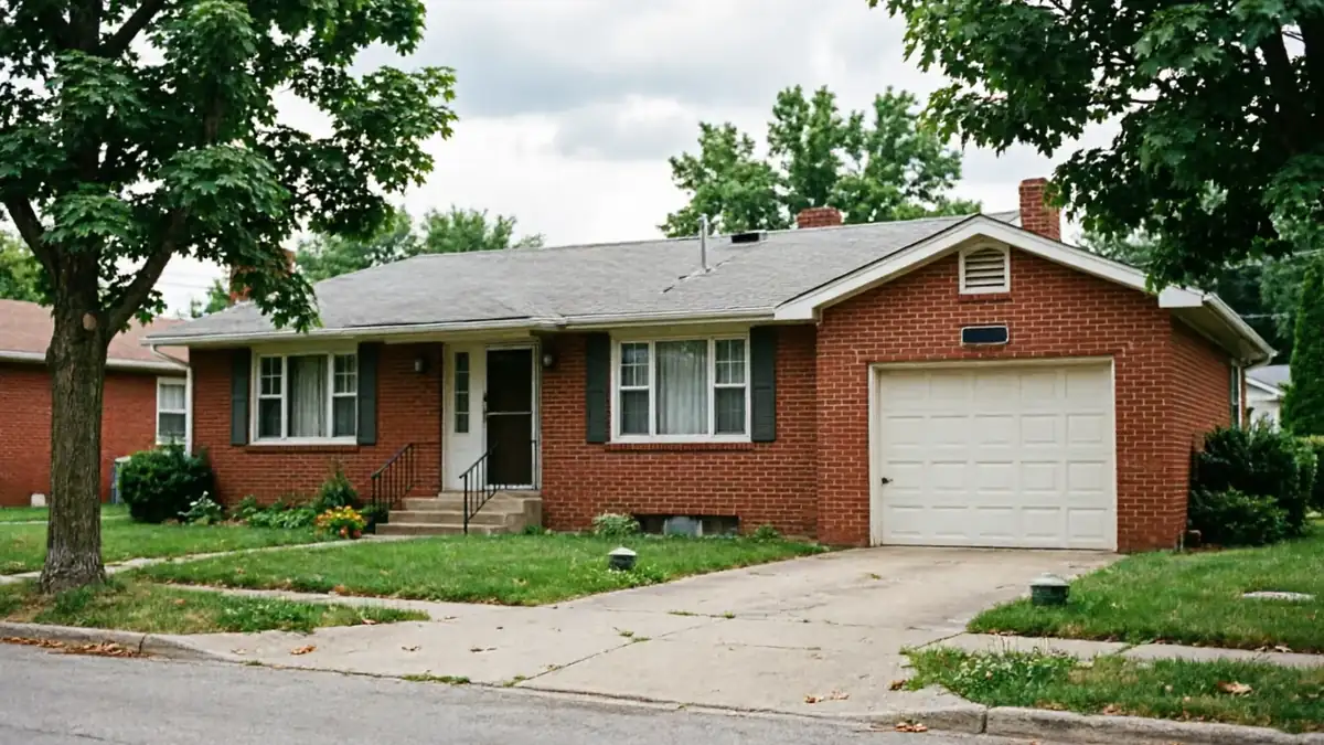 A red brick house with a white garage door and a gray roof.